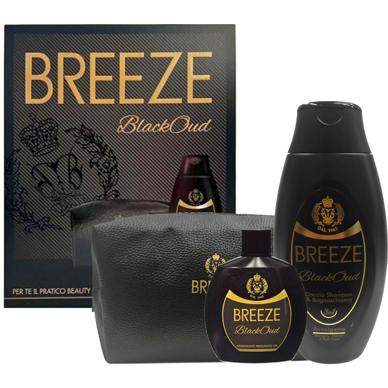 Cofanetto BREEZE BLACK OUD deodorante squeeze 100ml + shampoo doccia 400ml  + beauty da viaggio